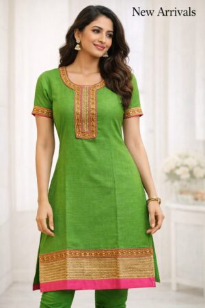 Ladies green long kurti with stone work