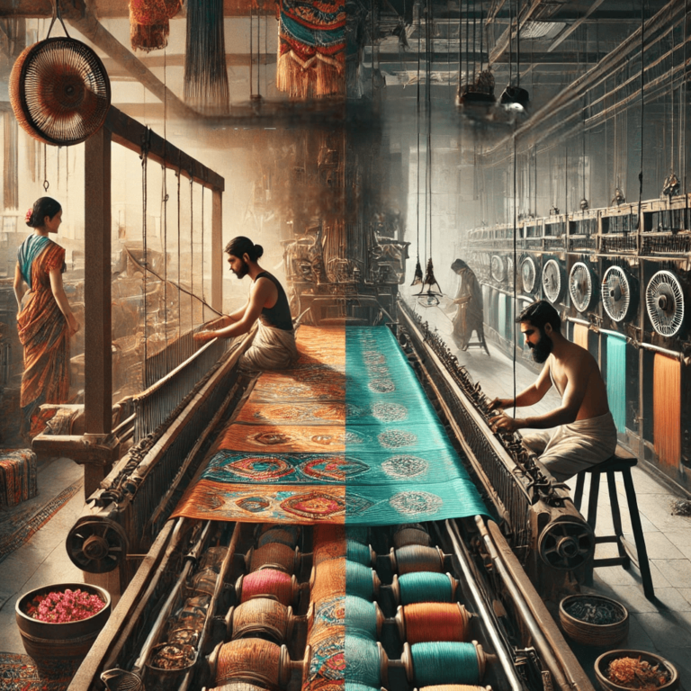 Featured image for the blog 'Understanding Handlooms vs. Powerlooms: The Ultimate Guide,' showcasing traditional handloom weaving on one side and a modern powerloom machine on the other, symbolizing the contrast between artisanal craftsmanship and industrial textile production.