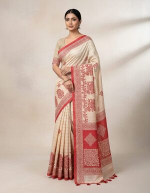 Art Tassar Silk Saree S00189 – Model Wearing Model wearing Art Tassar silk saree S00189 with elegant traditional drape