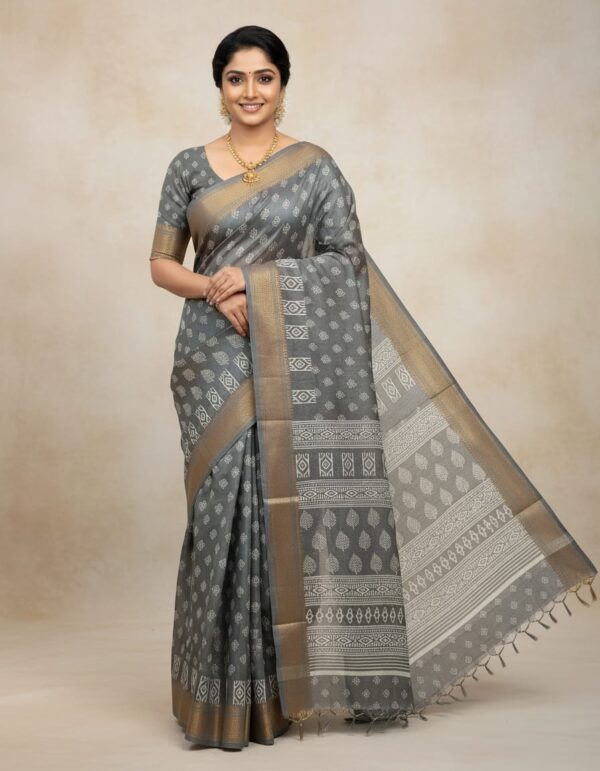 Printed Matka silk saree worn by model