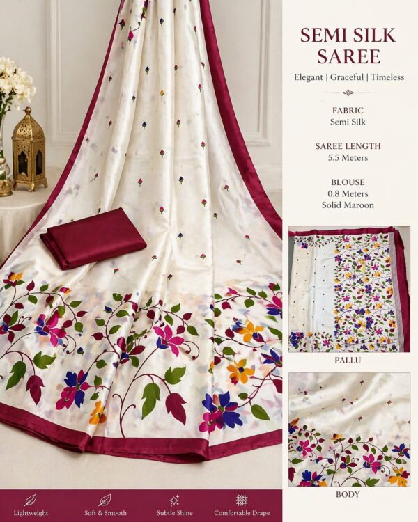Semi Pure Silk Saree with BP-White