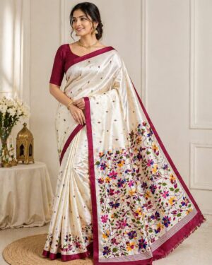 Semi Pure Silk Saree with BP-White