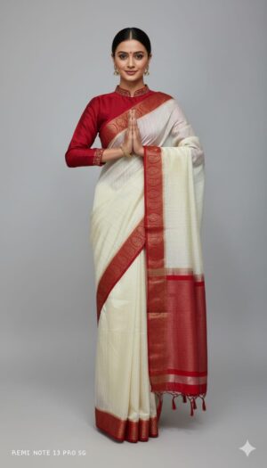 Red White Contrast Matka Silk Saree – S00248 Red and white contrast Matka silk saree worn by model