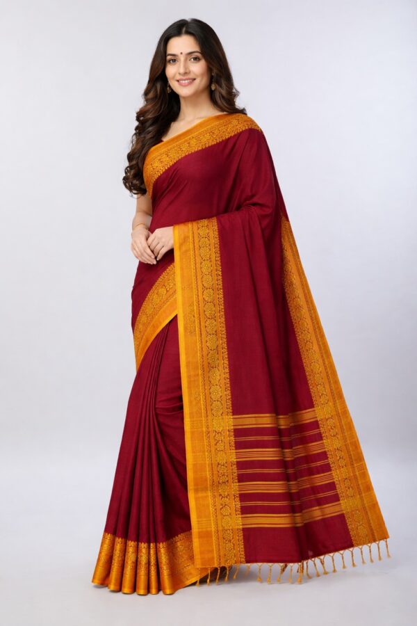 Begampuri cotton maroon saree with contrasting yellow border