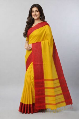 Begampuri Cotton Yellow Saree with Red Border – S00259 Begampuri cotton yellow saree with red border
