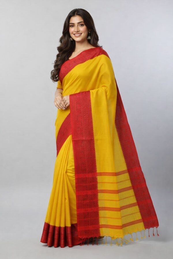 Begampuri cotton yellow saree with red border