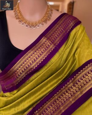 Mixed Cotton Gadwal Saree with Lime Purple Contrast – S00261 Mixed cotton Gadwal saree with lime and purple contrast border