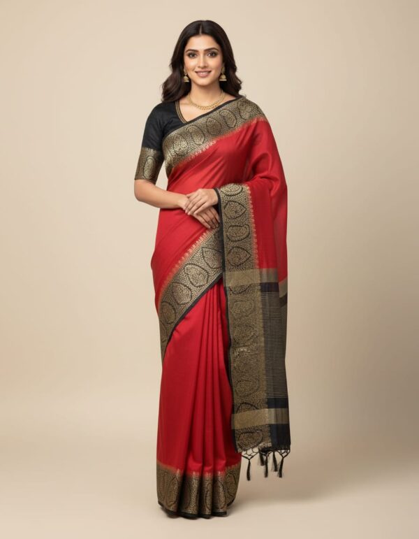 Red and black contrast Matka silk saree worn by model