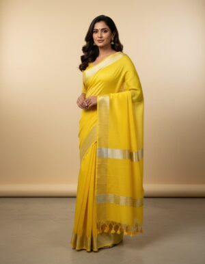Yellow cotton handloom saree worn by model