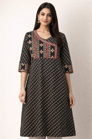 Long black Ajrak print cotton kurti for women