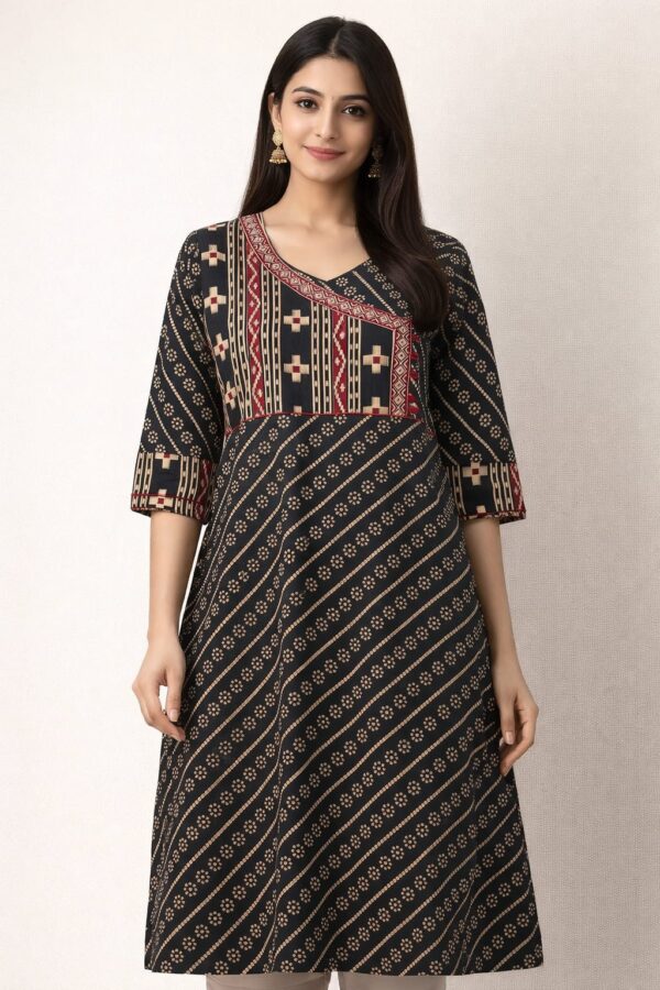 Long black Ajrak print cotton kurti for women