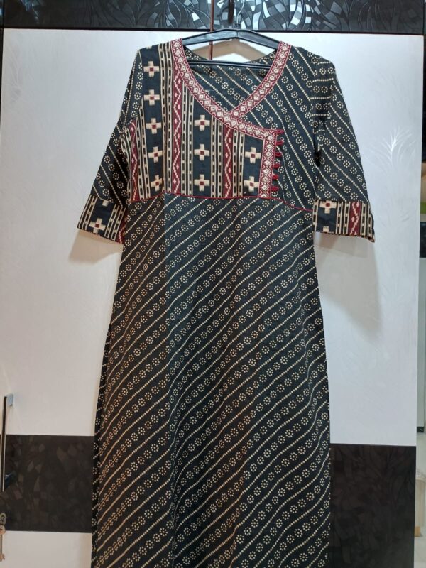 Long Black Ajrak Print Cotton Kurti
