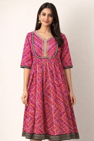 Pink ethnic cotton gown for women