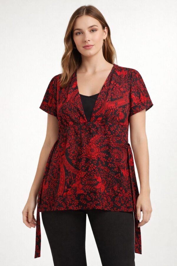 Black Red Printed Belted Top – K00158 | Drape In Style Black and red printed belted top for women