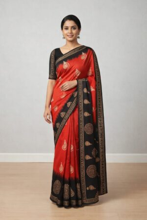 Orange cotton batik saree for women