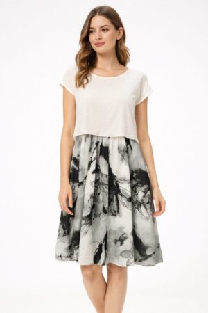 White green sketched printed dress