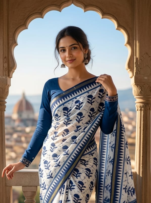 White Indigo Cotton Printed Saree – S00287 | Drape In Style White base indigo cotton printed saree