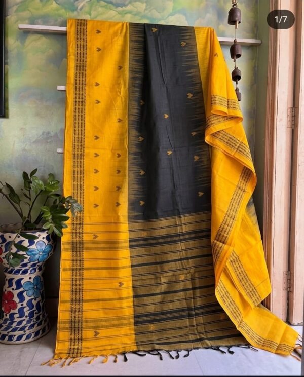 Black cotton Dhonekhali saree with mustard border for women