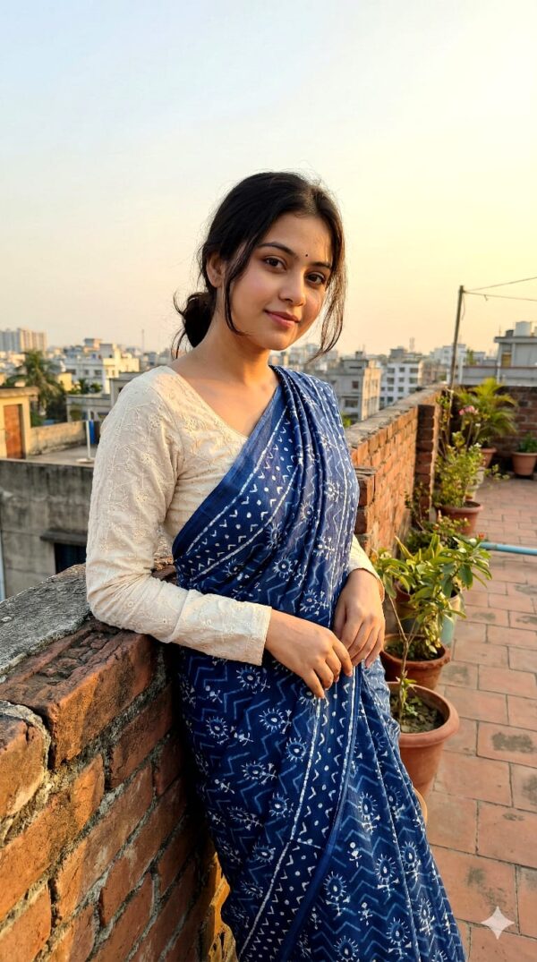 Indigo Printed Cotton Saree – S00278 | Drape In Style Indigo printed cotton saree for women