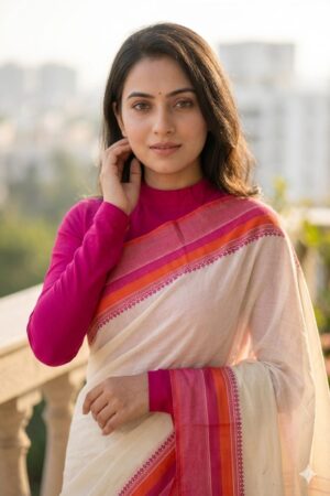 Off white cotton handloom saree for women