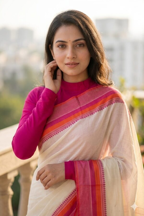Off White Cotton Handloom Saree – S00296 | Drape In Style Off white cotton handloom saree for women