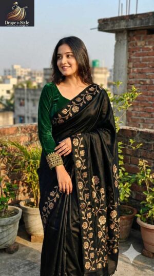 Open border black Muga Kataan silk saree for women