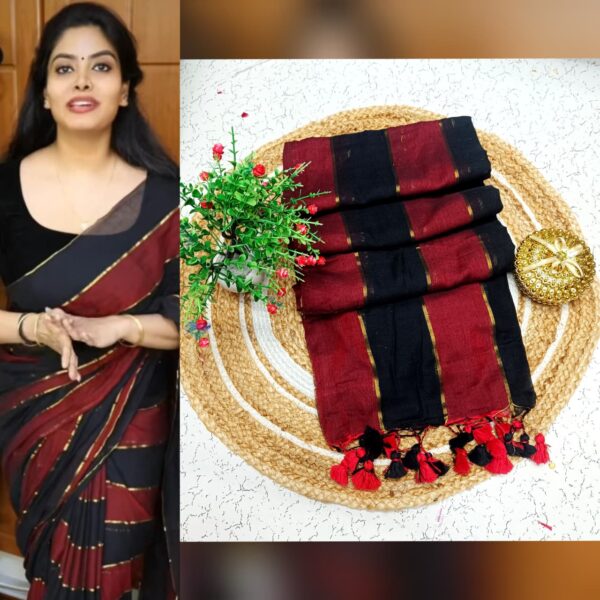 Soft Malmal Cotton Handloom Red Black Saree – S00263 | Drape In Style Soft malmal cotton handloom red black saree for women
