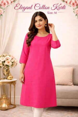 Pink Round Neck Checkered Kurti
