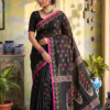 Black Slub Cotton Saree with Rani Pink Border | Stylish Cotton Saree with Blouse Piece
