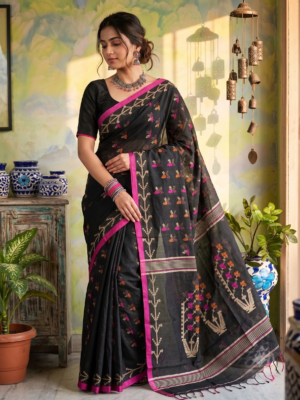Black Slub Cotton Saree with Rani Pink Border | Stylish Cotton Saree with Blouse Piece