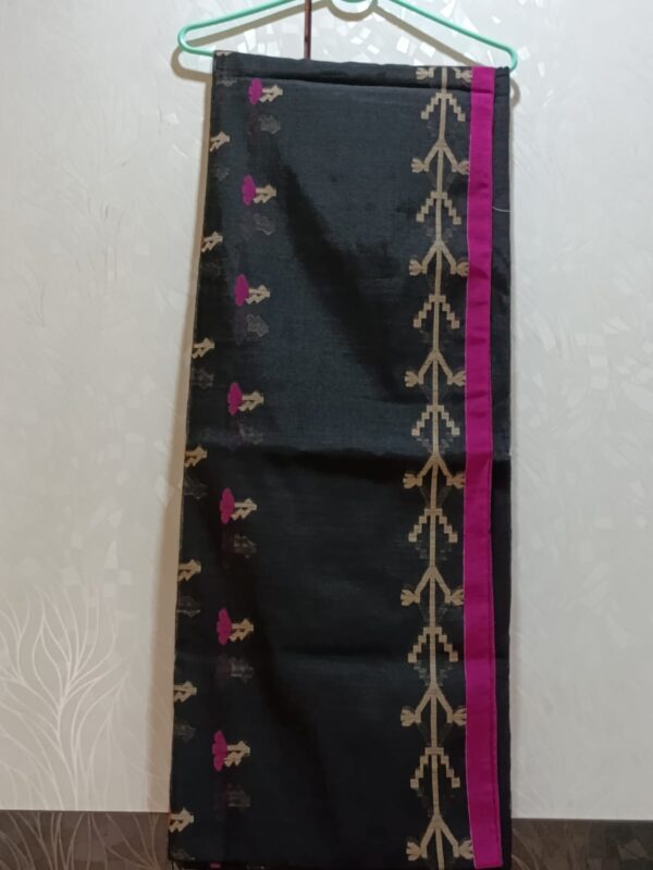 Black Slub Cotton Saree with Rani Pink Border | Stylish Cotton Saree with Blouse Piece