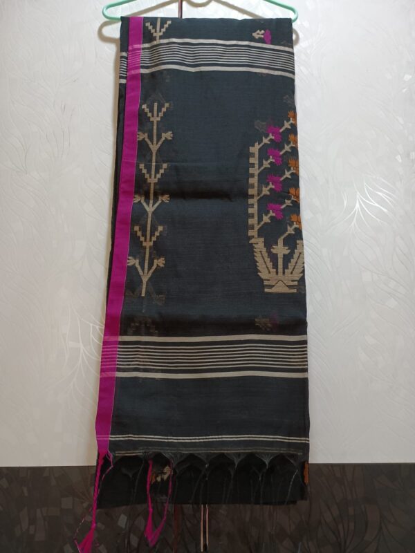 Black Slub Cotton Saree with Rani Pink Border | Stylish Cotton Saree with Blouse Piece