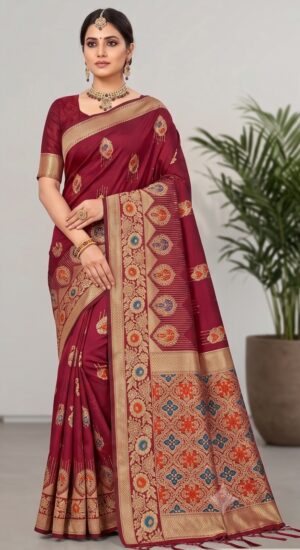 Needle Work Semi Silk With Pashmina Pallu